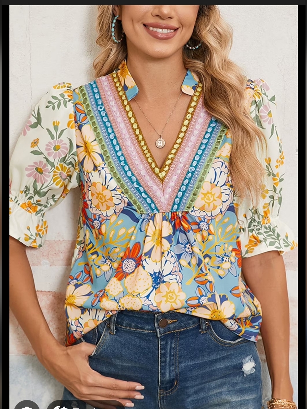 Gwen Crochet V Neck Boho Floral Blouse
